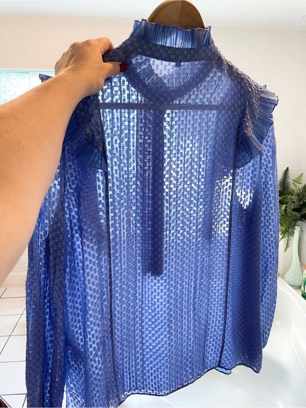 Reiss Sheer Silk Blend Ruffle Blouse Cornflower Periwinkle Blue Statement Sz 8 - Picture 12 of 16